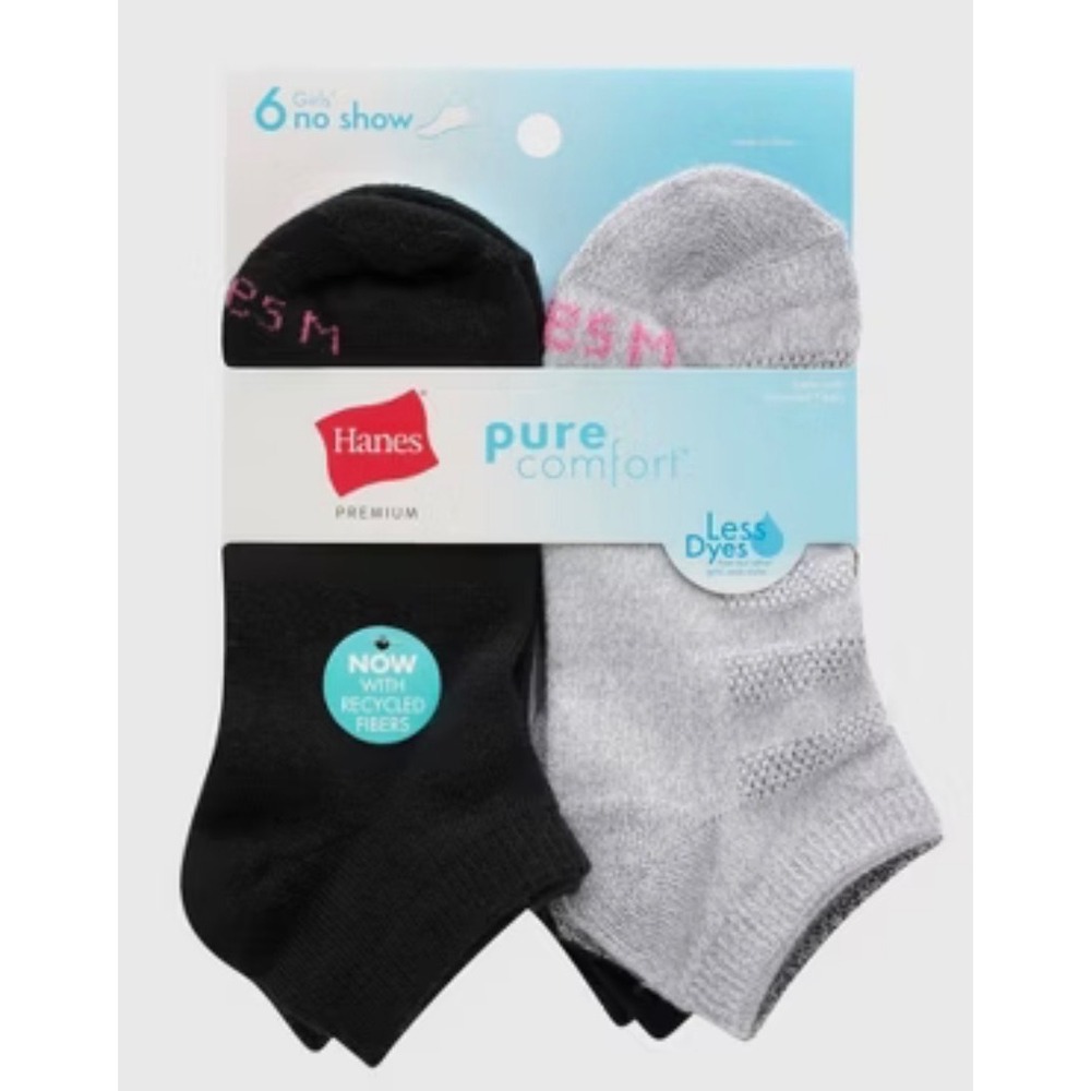 Hanes Premium Pure Comfort Girls No Show Socks 6 Pair Black Grey White M 10.5-4